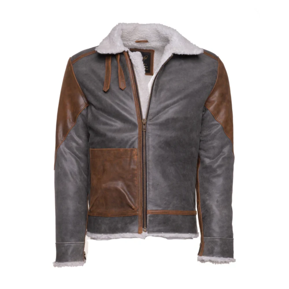 Men's Brown Patched Sherpa Lining Leather Jacket - Front look Main