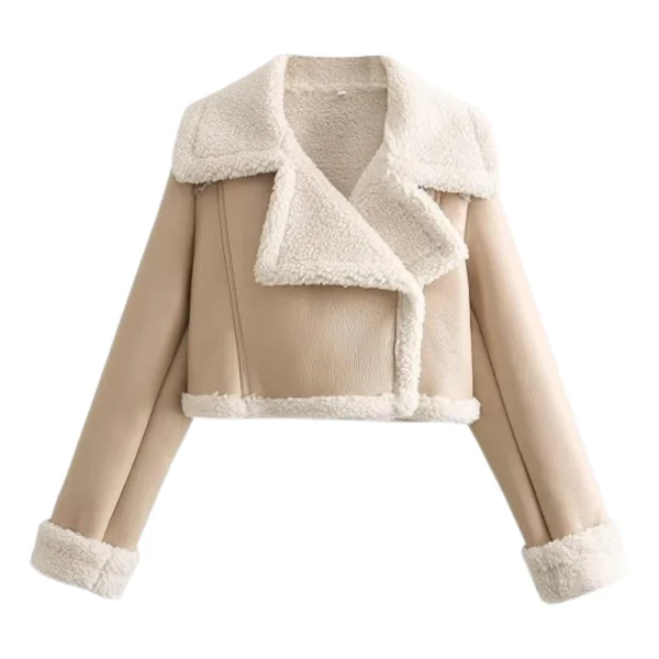 Womens Cropped Moto Shearling Leather Beige Jacket Front main look