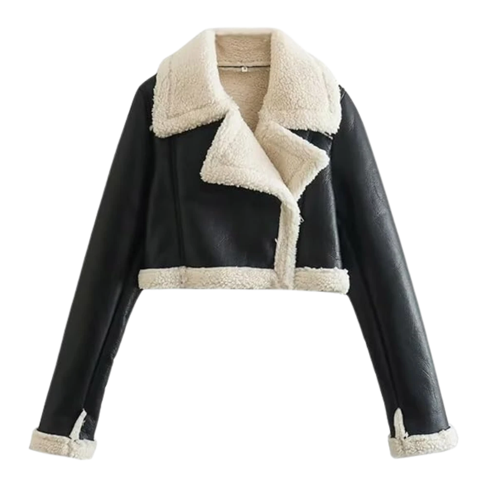 Womens Cropped Moto Shearling Leather Black Jacket Front look