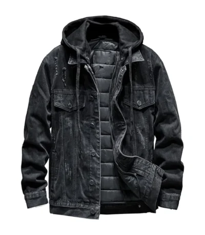 Mens Black Denim Hooded Jacket