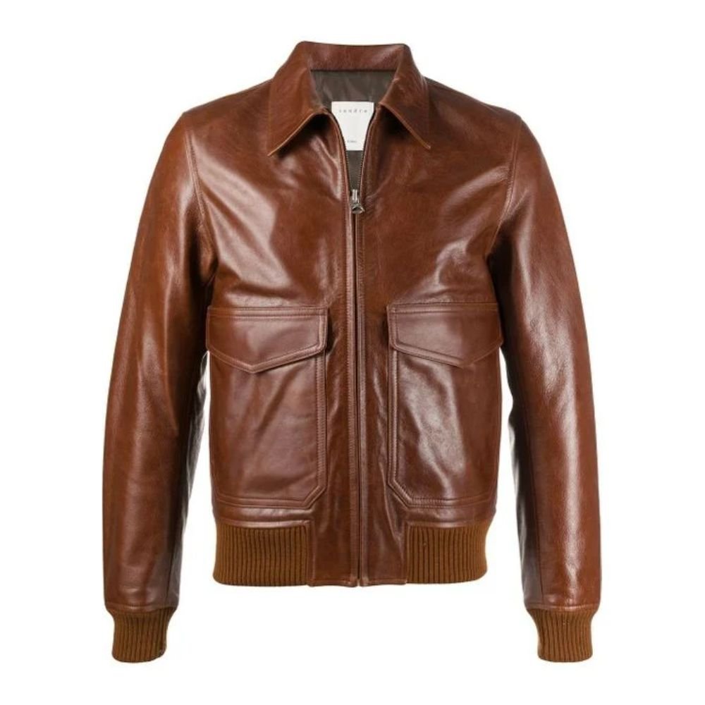 Mens Flap Pocket Classic Collar Sandro Brown Leather Jacket