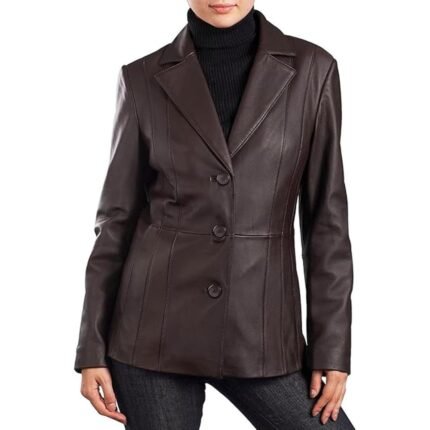 Women's J Ferrar Brown Leather Coat Jacket - Front close button look
