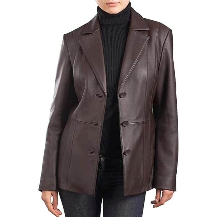 Women's J Ferrar Brown Leather Coat Jacket - Front open button look