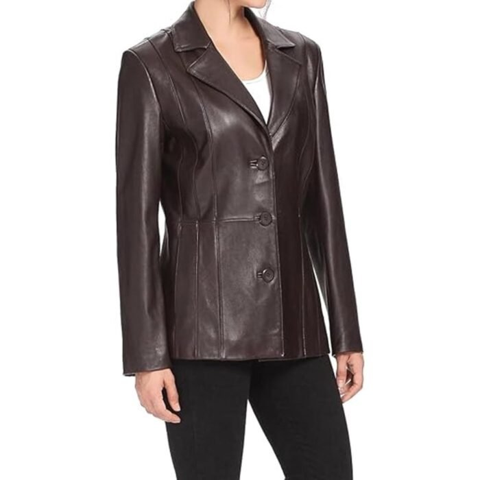 Women's J Ferrar Brown Leather Coat Jacket - Side look close button