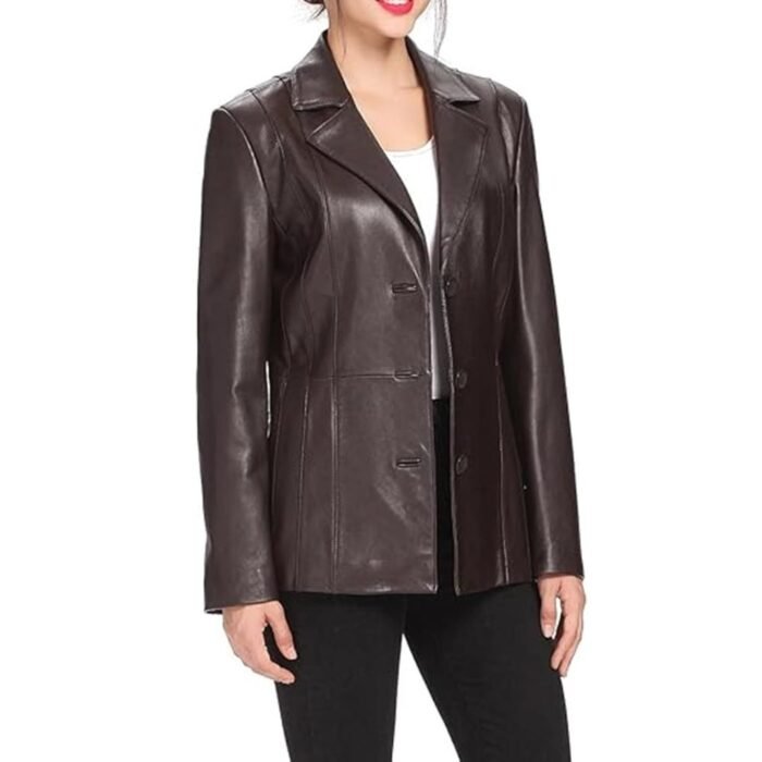 Women's J Ferrar Brown Leather Coat Jacket - side look open button