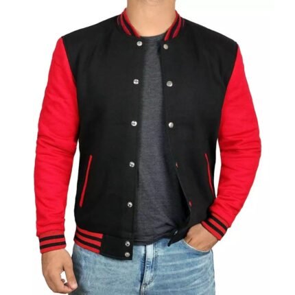 Men's Red and Black Letterman Jacket with Ribbed Cuffs and Two Pockets