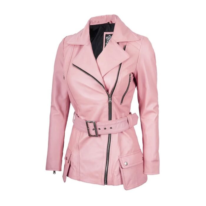 Angled front view of the pink leather jacket highlighting the asymmetrical zipper and collar.
