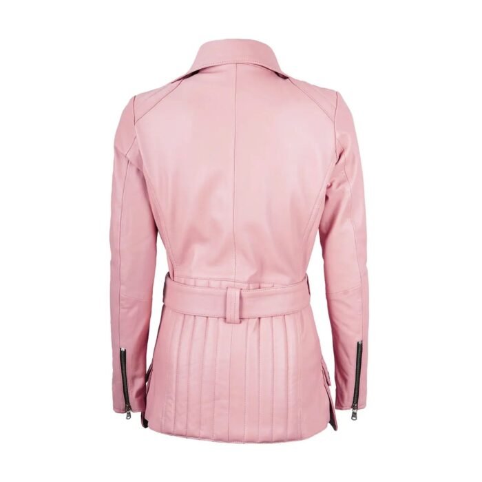 Back view of the pink leather jacket showing a matching belt and fitted design.