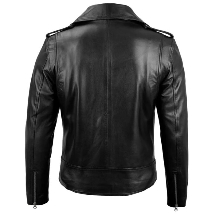 Back of Real leather black jacket with strong stitching, stylish design, and metal detailing