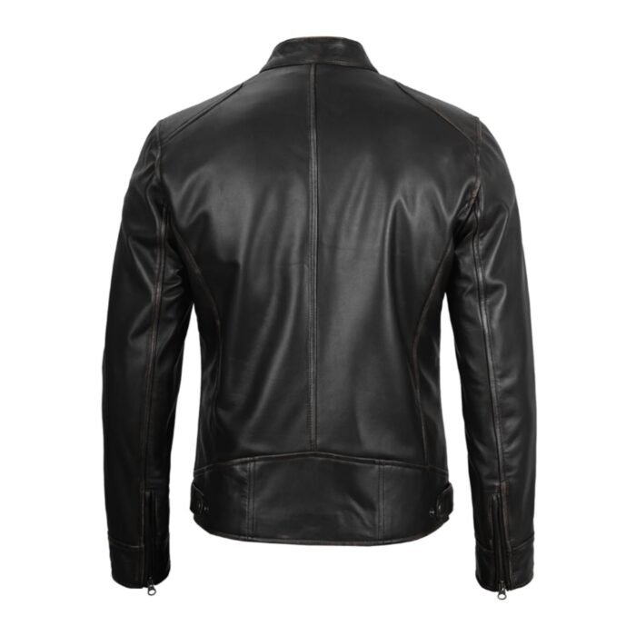 Back view of Dodge Men's Black Leather Cafe Racer Jacket showing clean back design