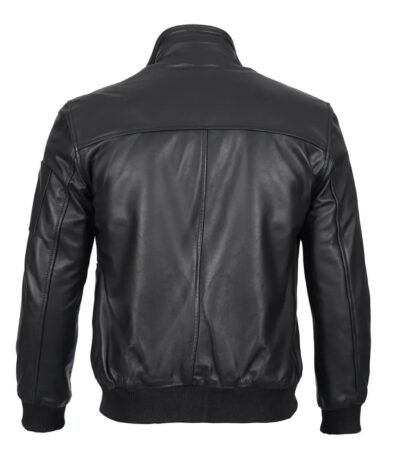 Back view of classic black bomber leather jacket with clean seams and rib-knit hem