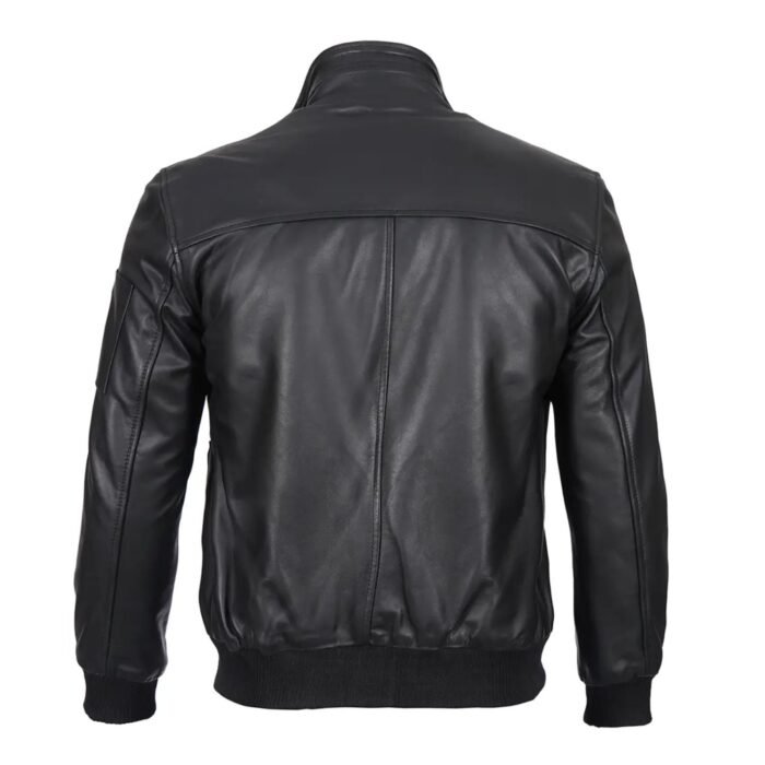 Back view of classic black bomber leather jacket with clean seams and rib-knit hem