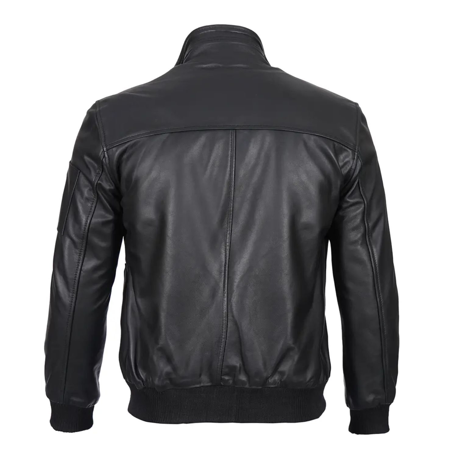 Back view of classic black bomber leather jacket with clean seams and rib-knit hem