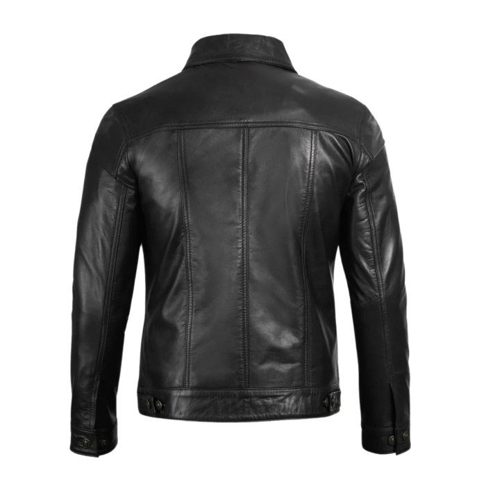 Back view of men’s black lambskin button-up leather jacket
