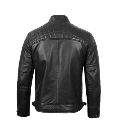Back view of real black leather cafe racer jacket with clean stitching