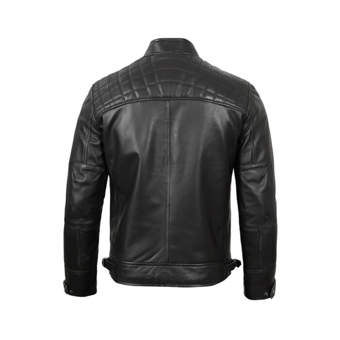Back view of real black leather cafe racer jacket with clean stitching