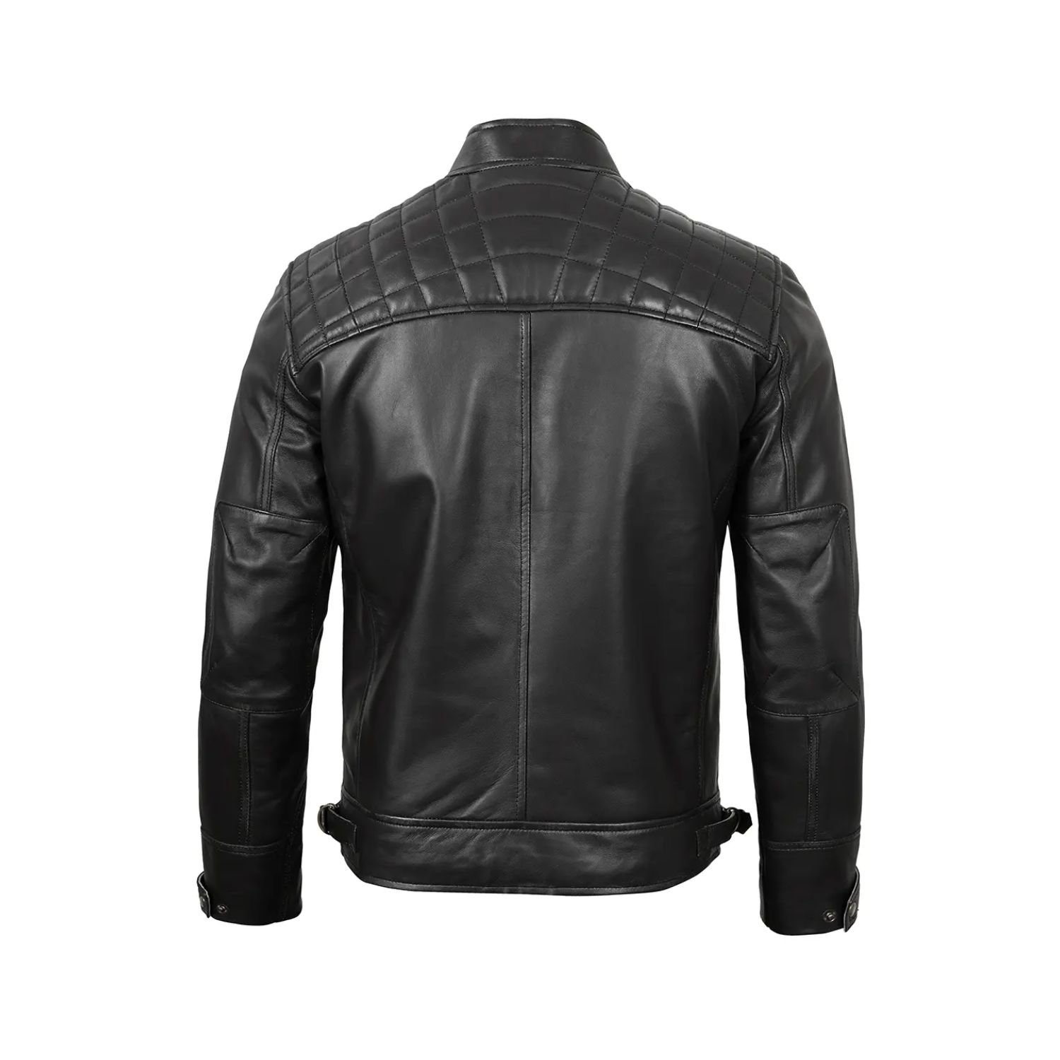 Back view of real black leather cafe racer jacket with clean stitching