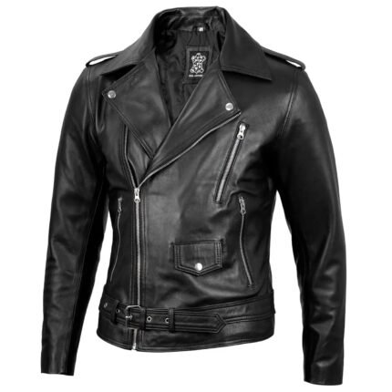 Black real leather motorcycle jacket featuring lapel collar and silver zip pockets