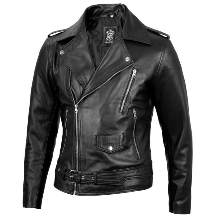 Black real leather motorcycle jacket featuring lapel collar and silver zip pockets