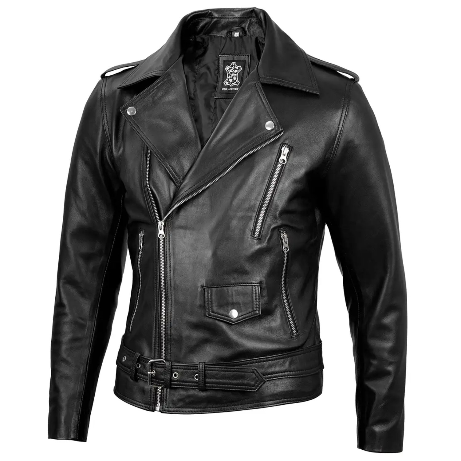 Black real leather motorcycle jacket featuring lapel collar and silver zip pockets