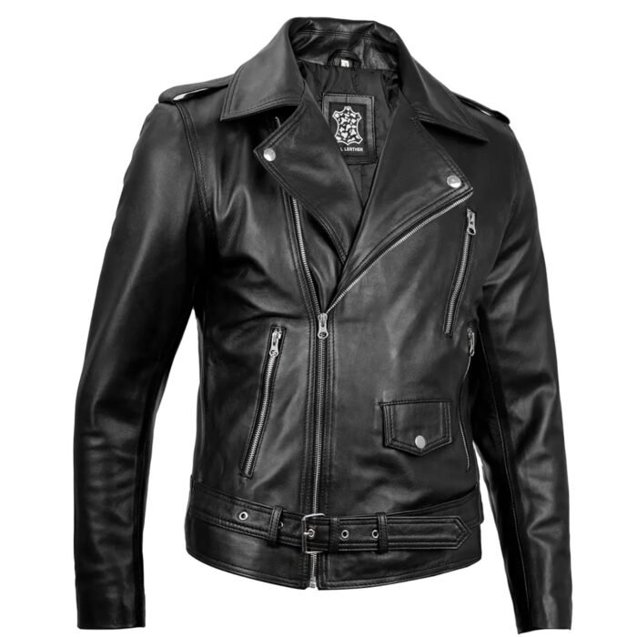 Classic black leather jacket for men with belted waist and shoulder epaulets
