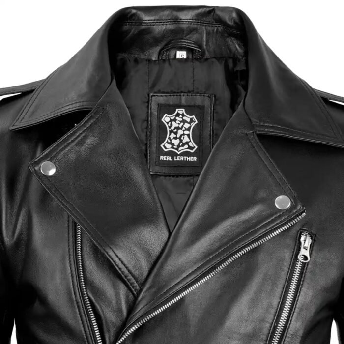 Close-up of men's biker jacket with angled front zipper and flap pocket