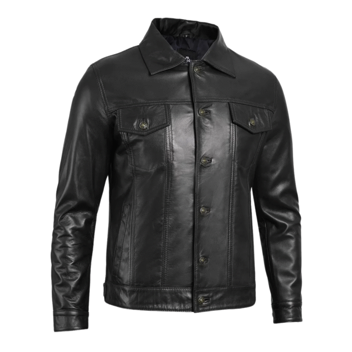 Close-up of shirt collar and buttons on black leather trucker jacket