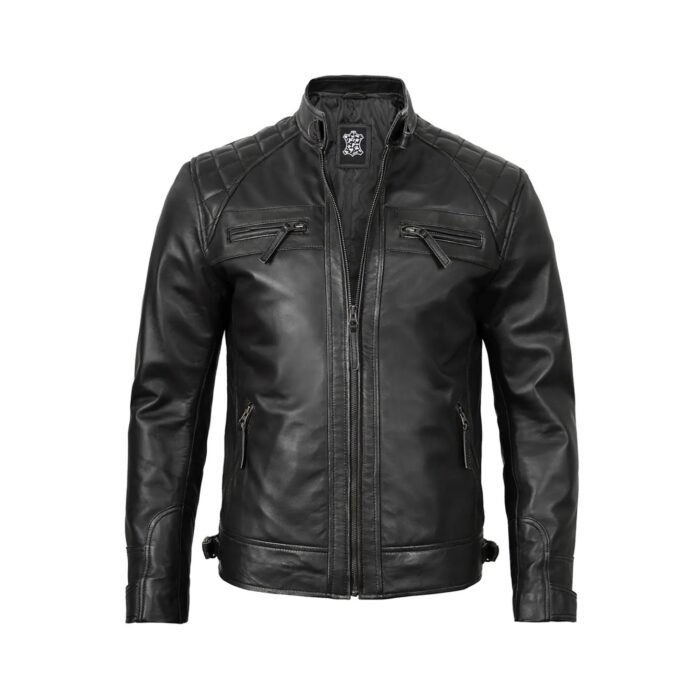 Closeure of diamond-stitched shoulders on black lambskin leather jacket for men