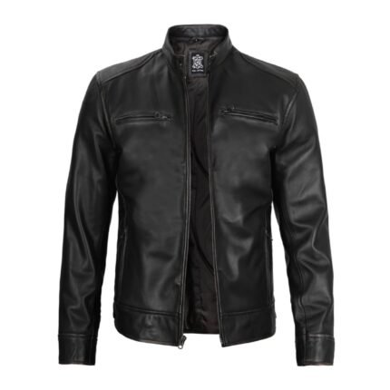 Front view of Dodge Men's Black Leather Cafe Racer Jacket open with visible inner lining