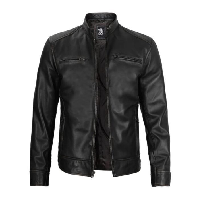 Front view of Dodge Men's Black Leather Cafe Racer Jacket open with visible inner lining