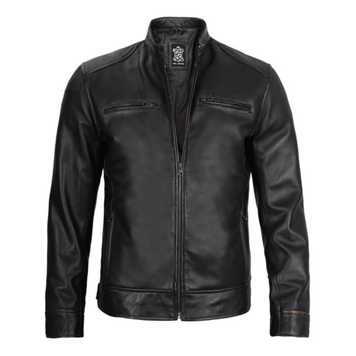 Front view of Dodge Men's Black Leather Cafe Racer Jacket zipped up