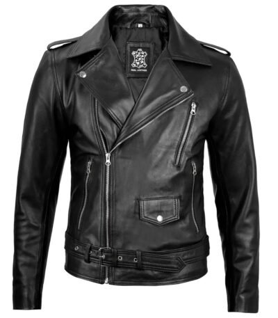 Front view of men's black biker leather jacket with asymmetrical zipper and belt
