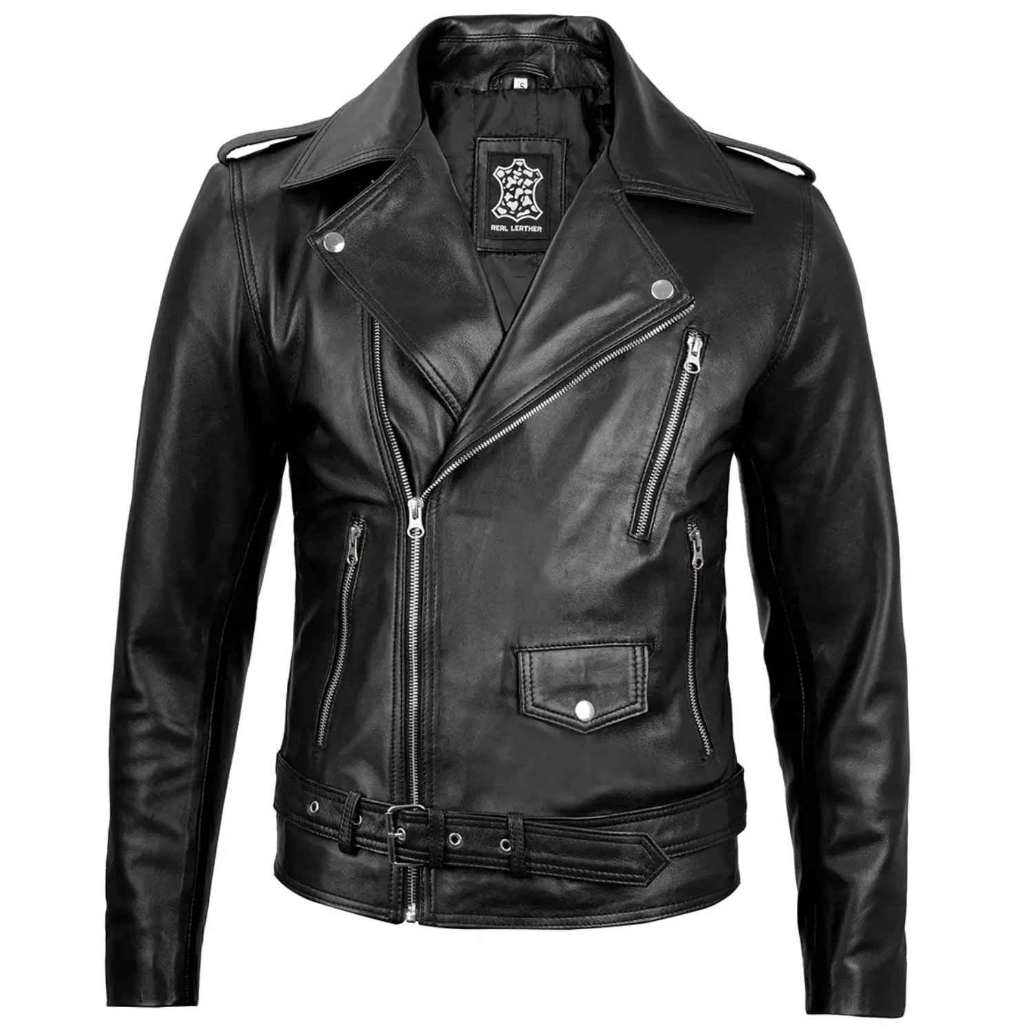 Front view of men's black biker leather jacket with asymmetrical zipper and belt