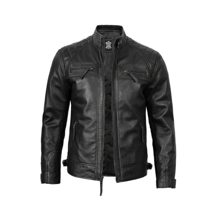 Front view of men's black cafe racer leather jacket with zip closure and snap-tab collar