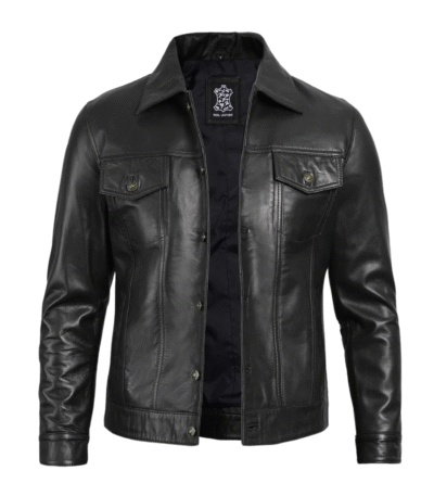 Front view of men’s black lambskin button-up leather jacket