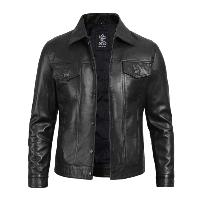Front view of men’s black lambskin button-up leather jacket
