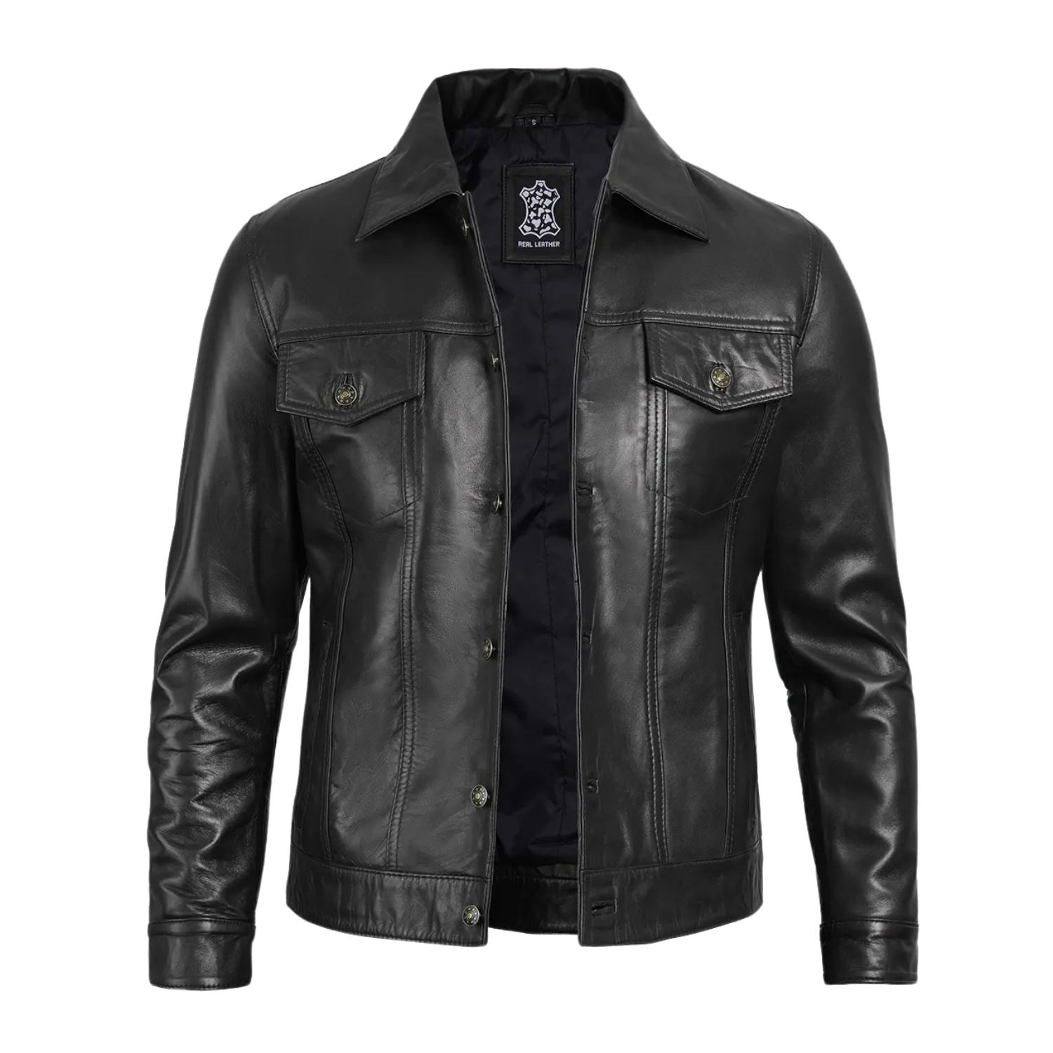 Front view of men’s black lambskin button-up leather jacket