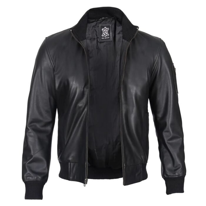 Front view of men’s black real cowhide leather bomber jacket with zip closure and ribbed collar