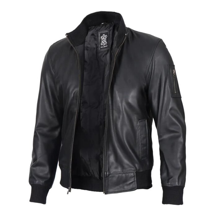Inside view of black bomber jacket showing soft polyester lining and pockets
