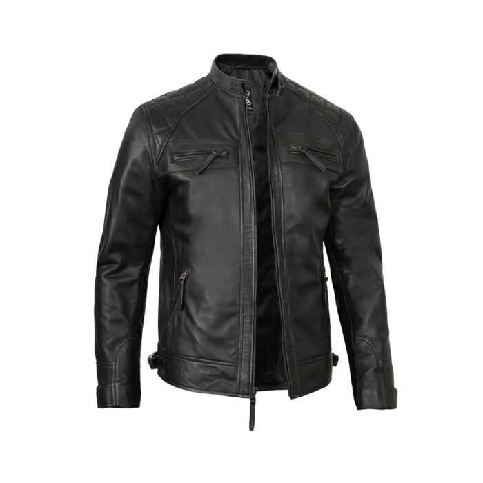 Inside view of mens black leather cafe racer jacket showing soft polyester lining and secure inner pockets