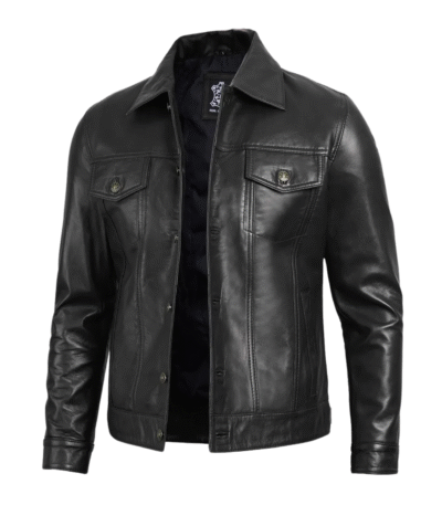 Side angle showing chest and side pockets of black leather jacket