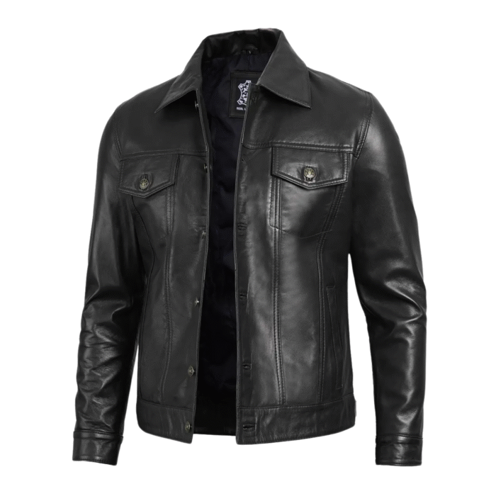 Side angle showing chest and side pockets of black leather jacket