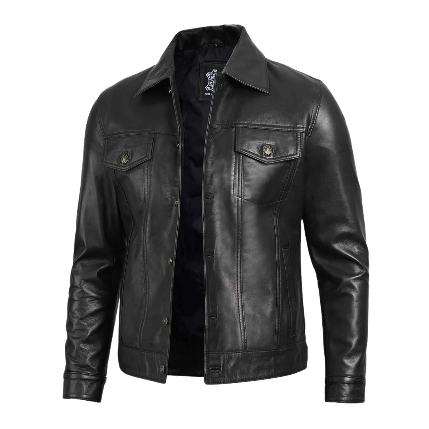 Side angle showing chest and side pockets of black leather jacket