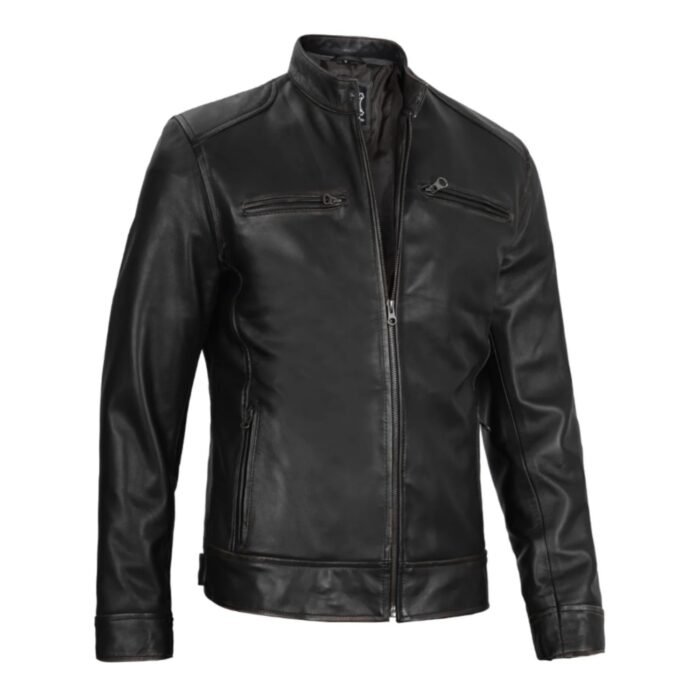 Straight front view of Dodge Men's Black Leather Cafe Racer Jacket with snap-tab collar