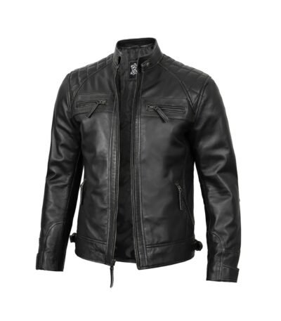 black soft leather cafe racer jacket styled with jeans for casual look