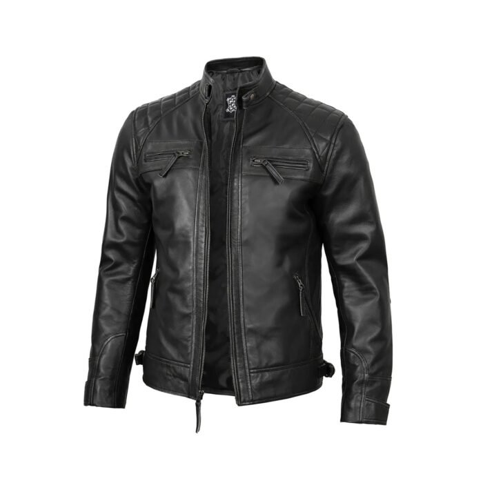 black soft leather cafe racer jacket styled with jeans for casual look