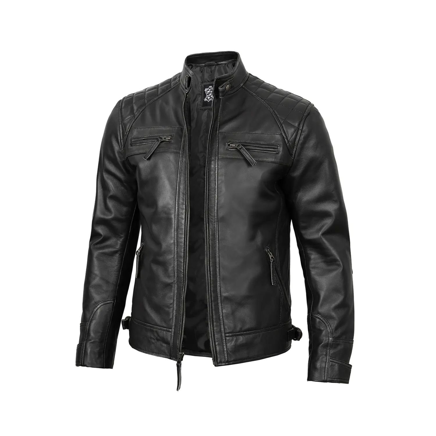 black soft leather cafe racer jacket styled with jeans for casual look