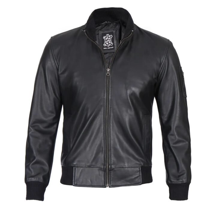 men’s black cowhide bomber jacket with jeans for a casual everyday look